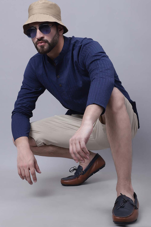 Buy Men's Blue Cotton Striped Short Kurta Top Online - Zoom In