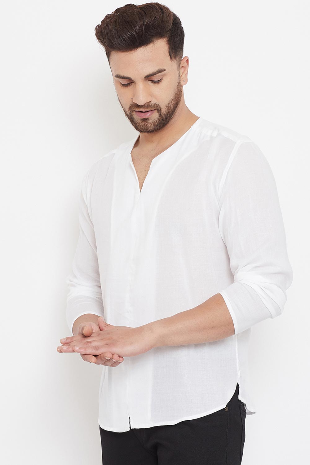 Buy Men's Blended Cotton Solid Short Kurta in White - Front