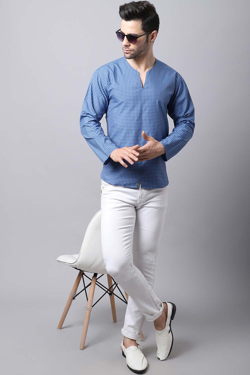 Men's Dark Blue Self-Design Full Sleeve Short Kurta Top (SKV-CHK071-BLC)