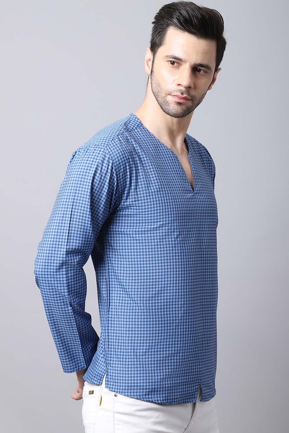 Men's Dark Blue Self-Design Full Sleeve Short Kurta Top (SKV-CHK071-BLC)