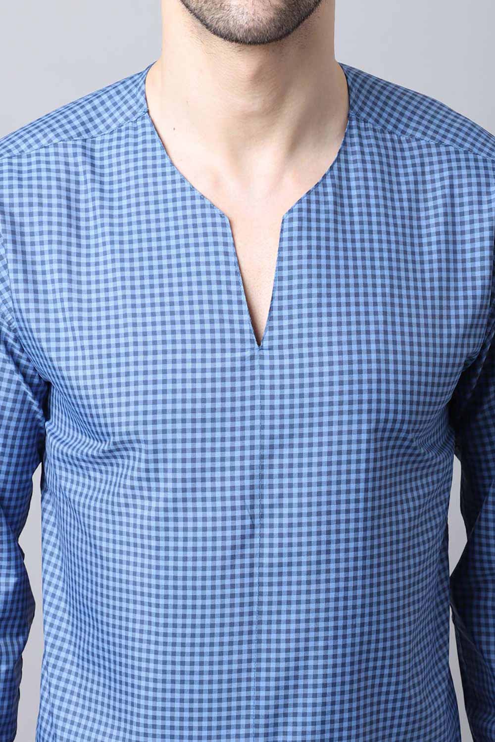 Men's Dark Blue Self-Design Full Sleeve Short Kurta Top (SKV-CHK071-BLC)