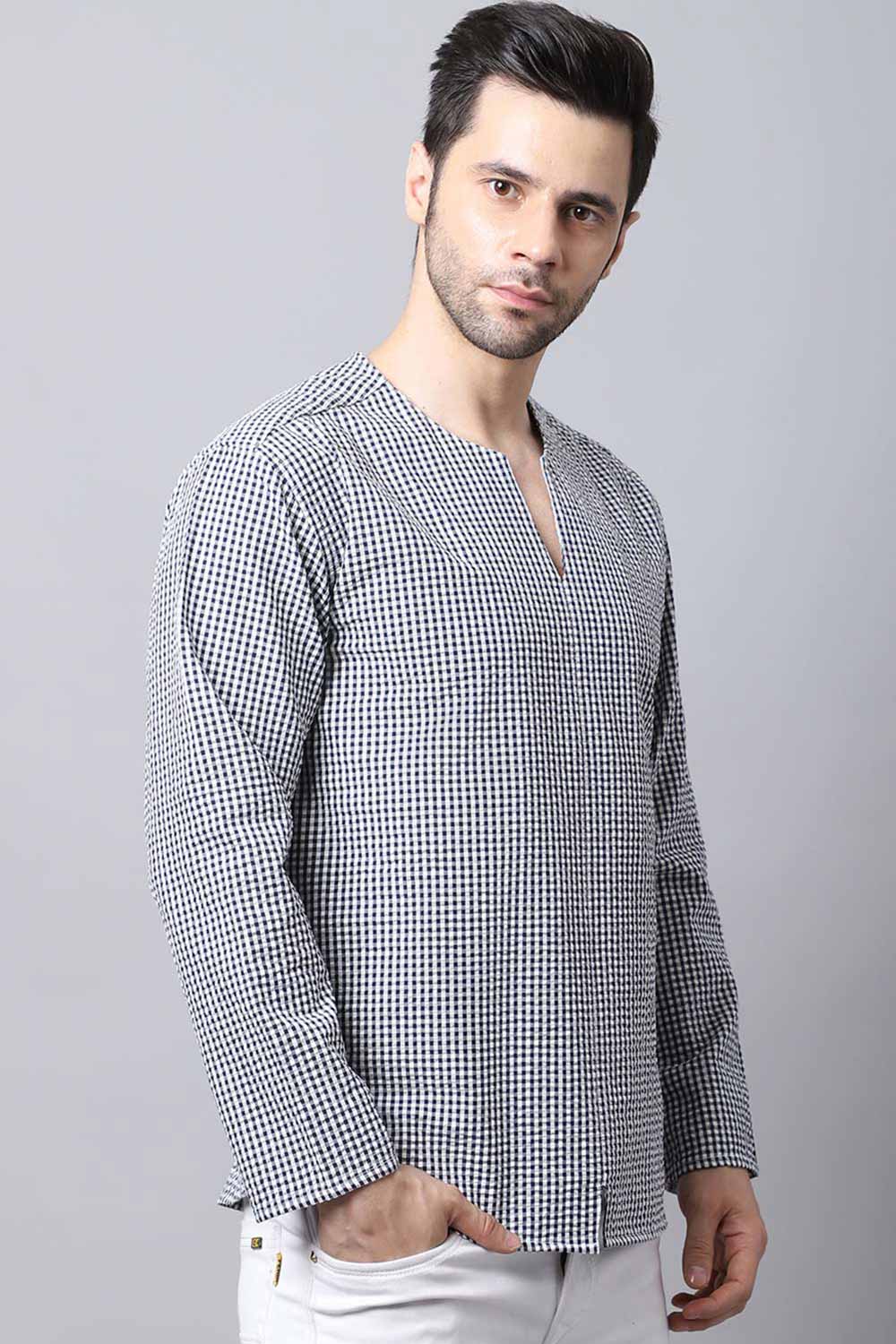 Men's Light Multi Self-Design Full Sleeve Short Kurta Top (SKV-CHK074-WBC)