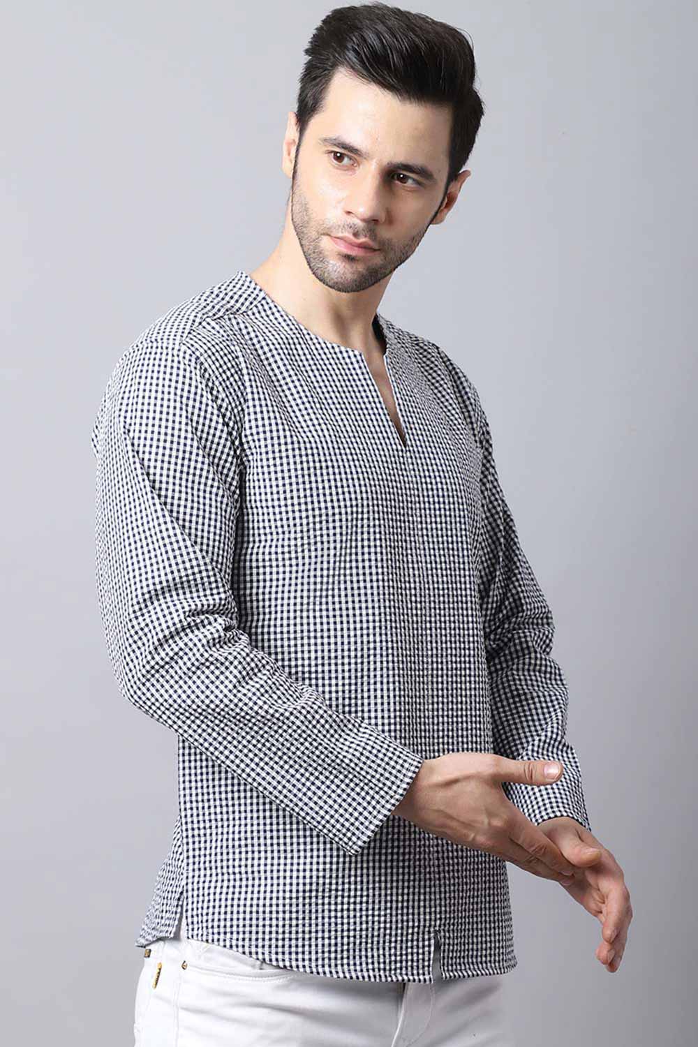 Men's Light Multi Self-Design Full Sleeve Short Kurta Top (SKV-CHK074-WBC)