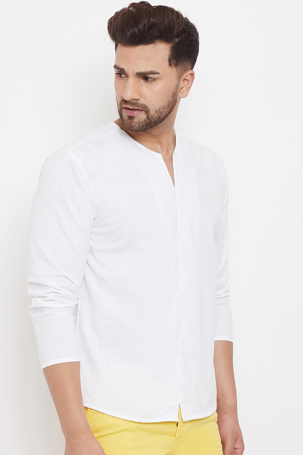 Buy Men's Blended Cotton Solid Short Kurta in White - Side