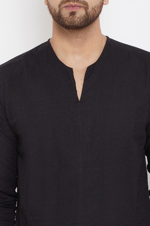 Buy Men's Blended Cotton Solid Short Kurta in Black - Zoom Out