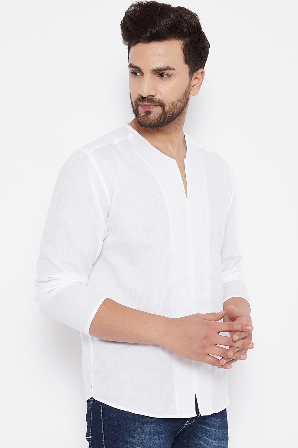 Buy Blended Cotton Striped Kurta in White Online - Side
