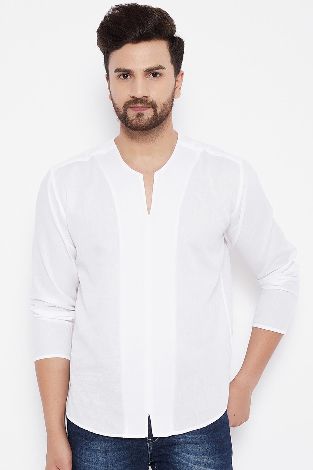 Buy Blended Cotton Striped Kurta in White Online