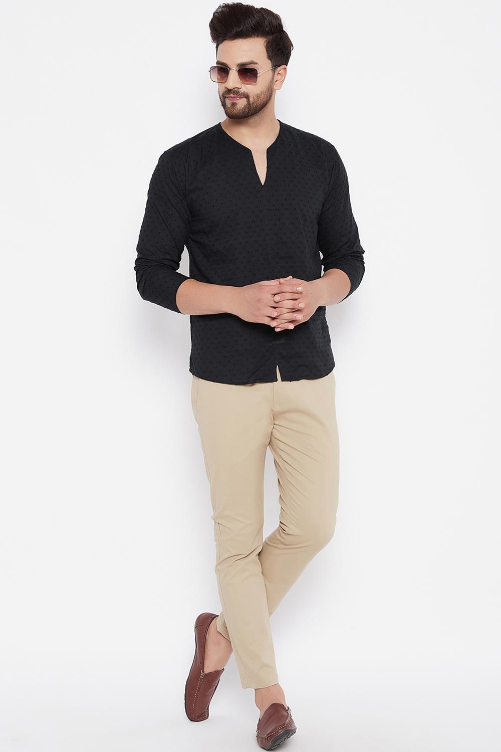 Buy Linen Solid Kurta in Black Online - Back