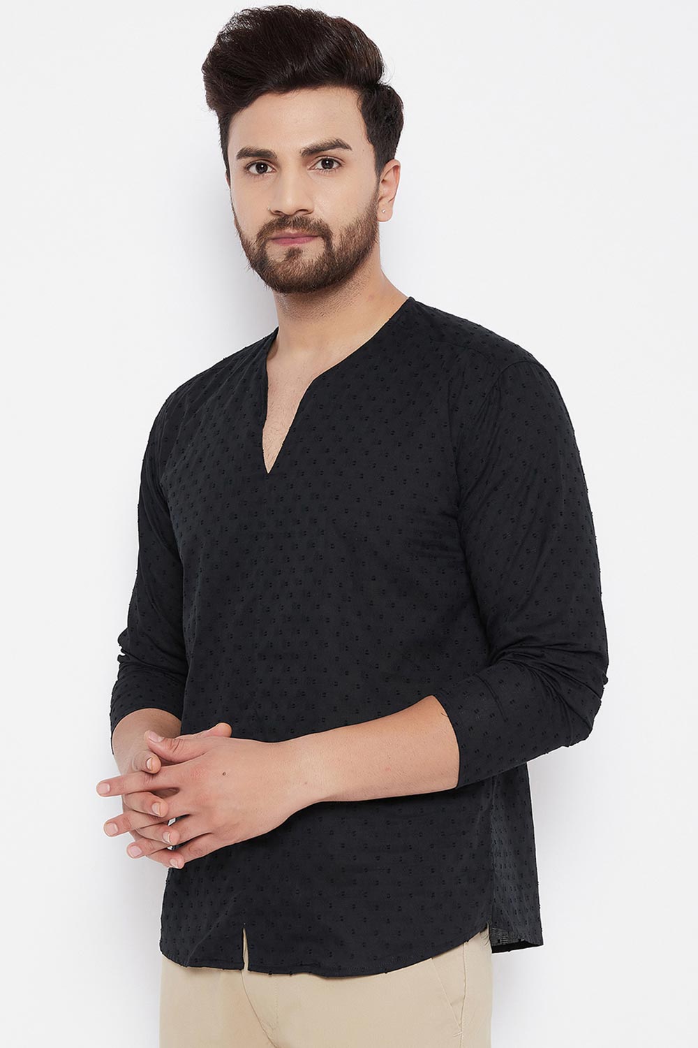 Buy Linen Solid Kurta in Black Online - Front
