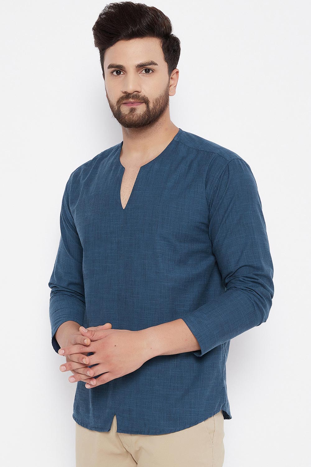 Buy Blended Cotton Solid Kurta in Blue Online - Front