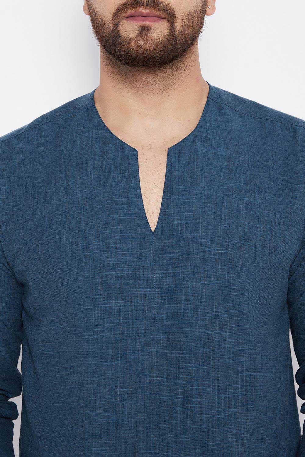 Buy Blended Cotton Solid Kurta in Blue Online - Zoom Out