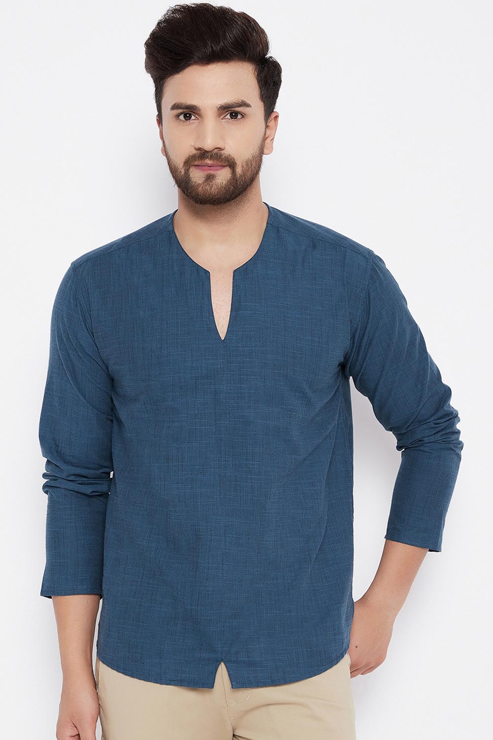 Buy Blended Cotton Solid Kurta in Blue Online
