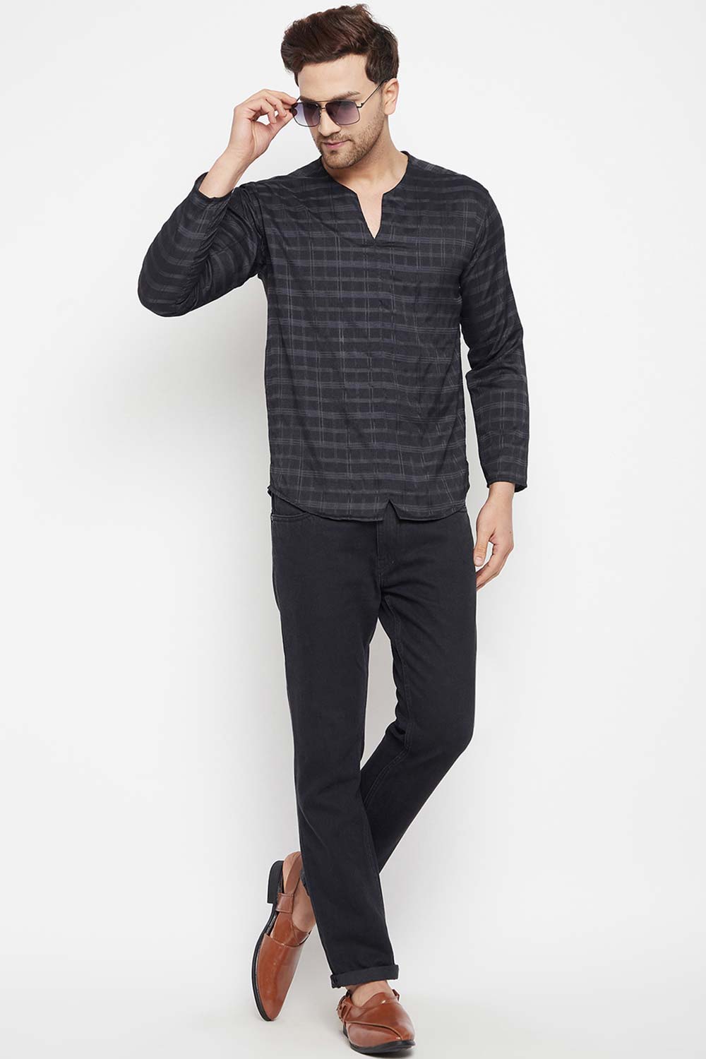 Buy Men's Viscose Checks Kurta in Black