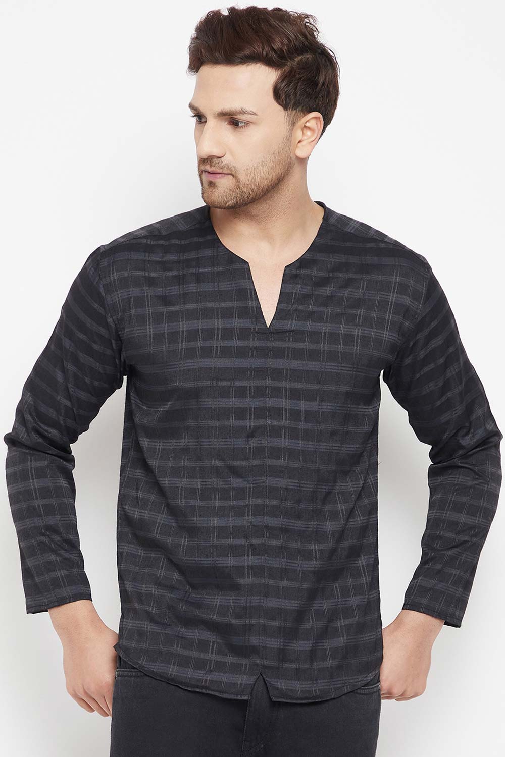 Buy Men's Viscose Checks Kurta in Black