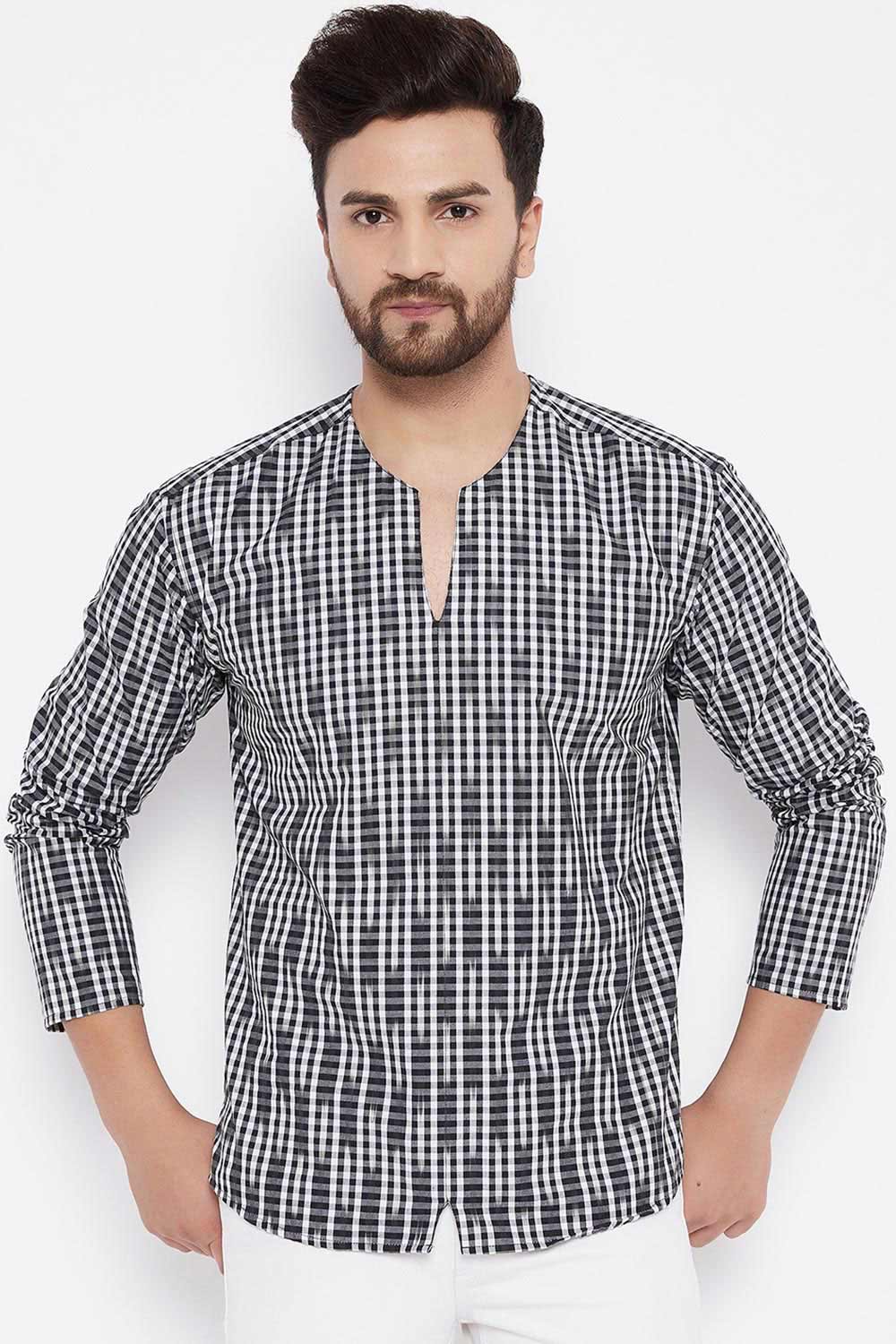 Buy Blended Cotton Checkered Printed Kurta in White Online