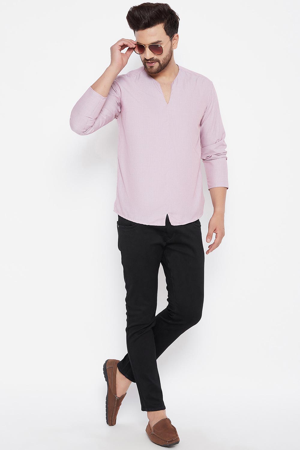 Buy Blended Cotton Striped Kurta in Pink Online - Back