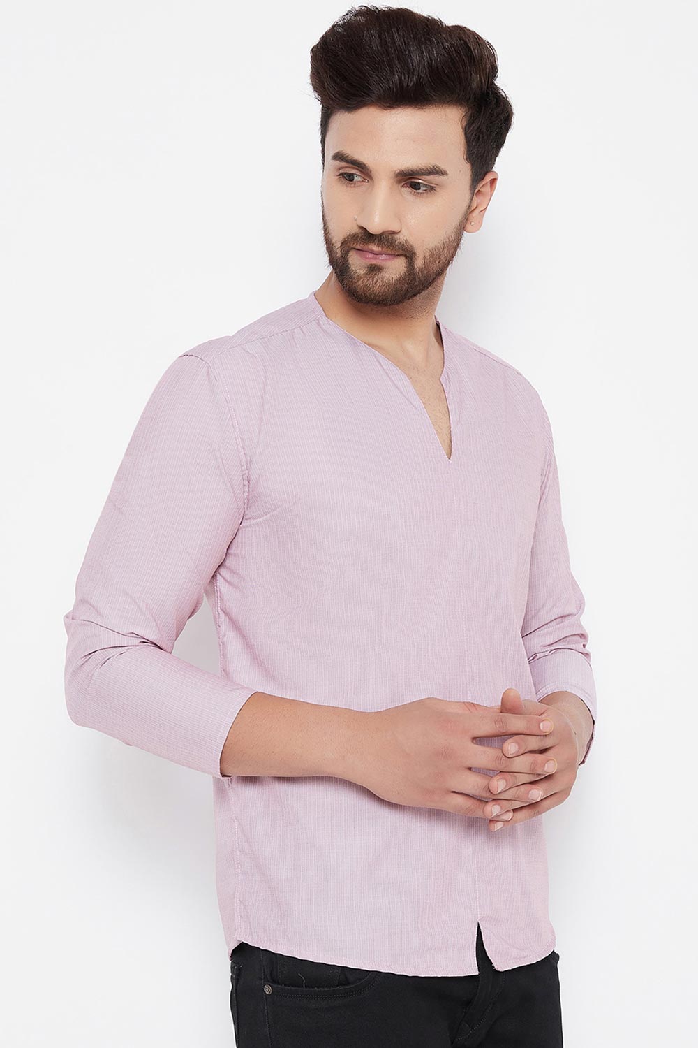 Buy Blended Cotton Striped Kurta in Pink Online - Front