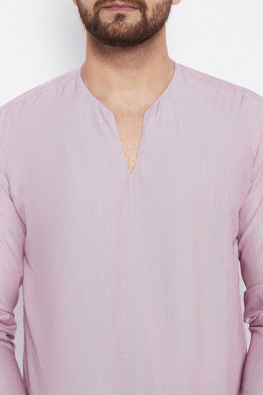 Buy Blended Cotton Striped Kurta in Pink Online - Zoom Out