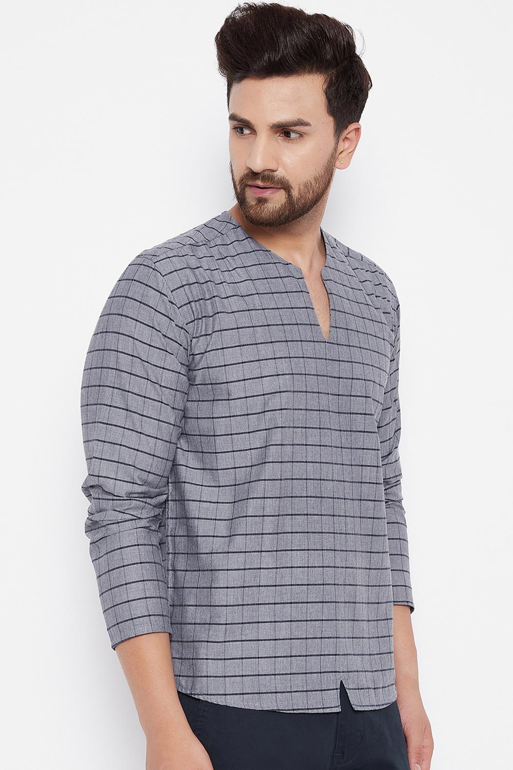 Buy Dupion Checkered Printed Kurta in Grey Online - Side