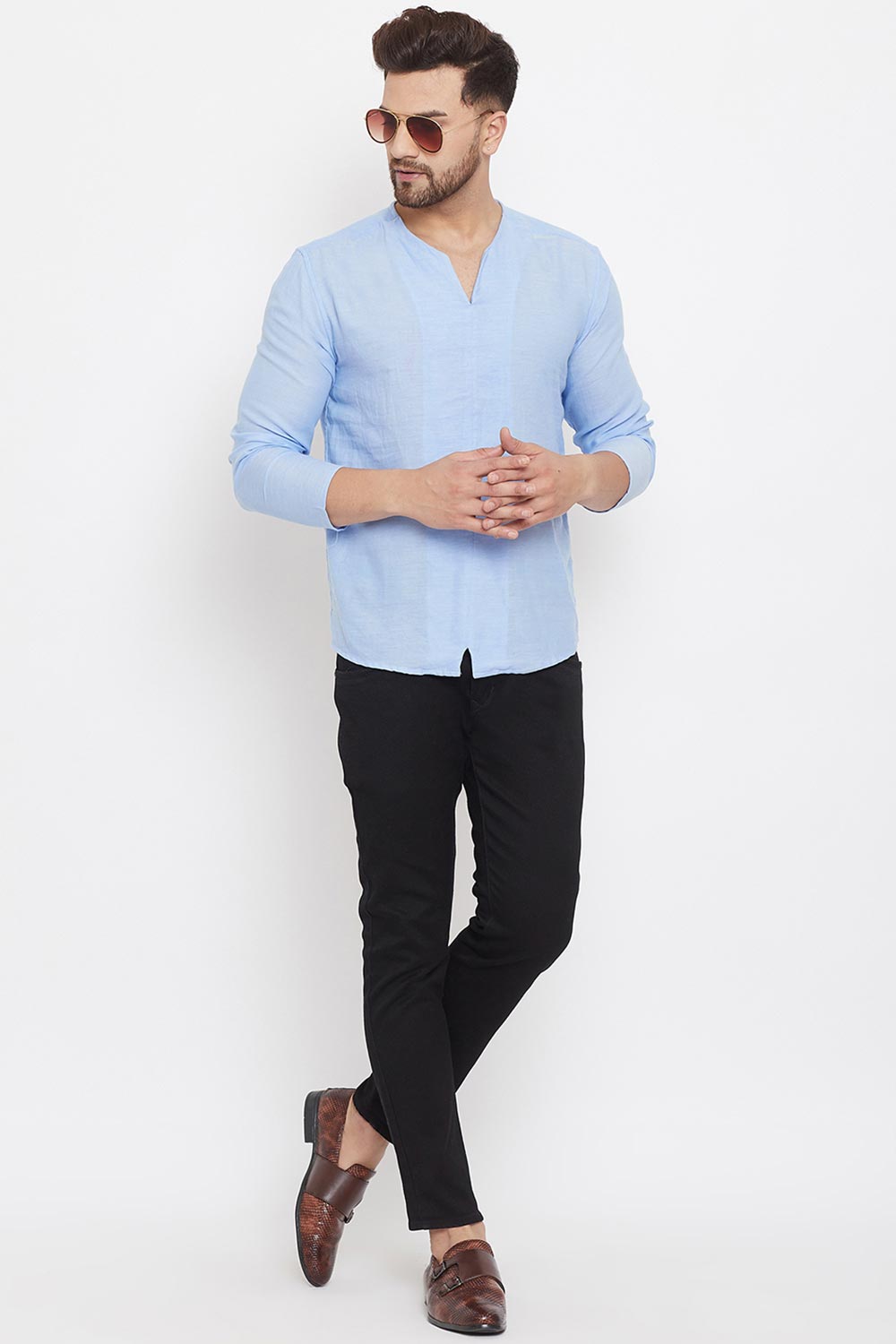 Buy Men's Blended Cotton Solid Short Kurta in Blue - Back