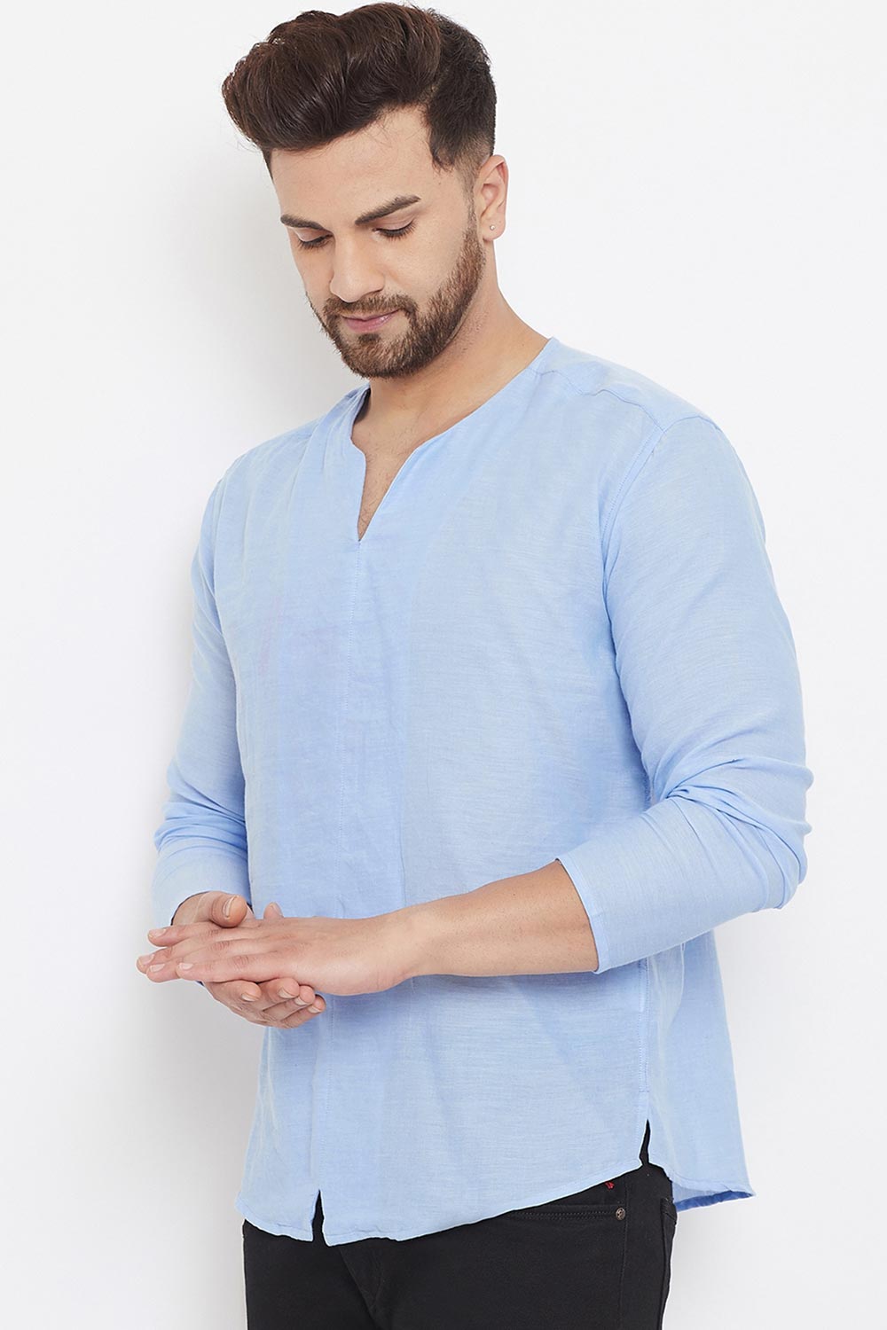 Buy Men's Blended Cotton Solid Short Kurta in Blue - Front