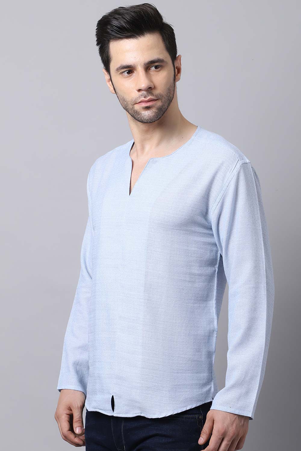 Men's Light Blue Solid Full Sleeve Short Kurta Top (SKV-SLD081-SBC)