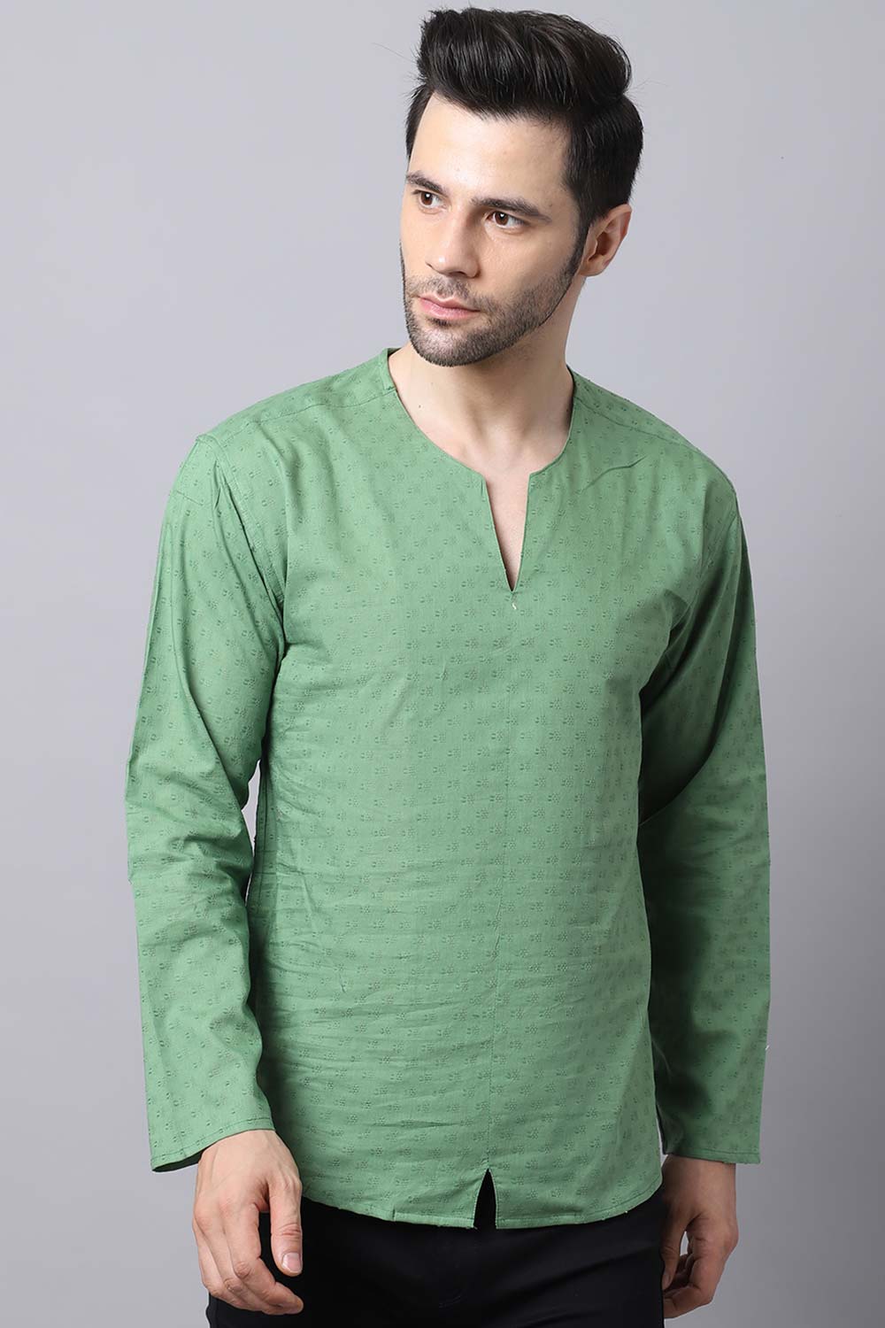 Men's Light Green Self-Design Full Sleeve Short Kurta Top