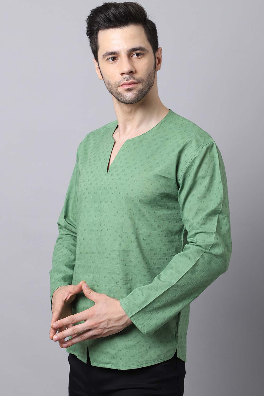 Men's Light Green Self-Design Full Sleeve Short Kurta Top
