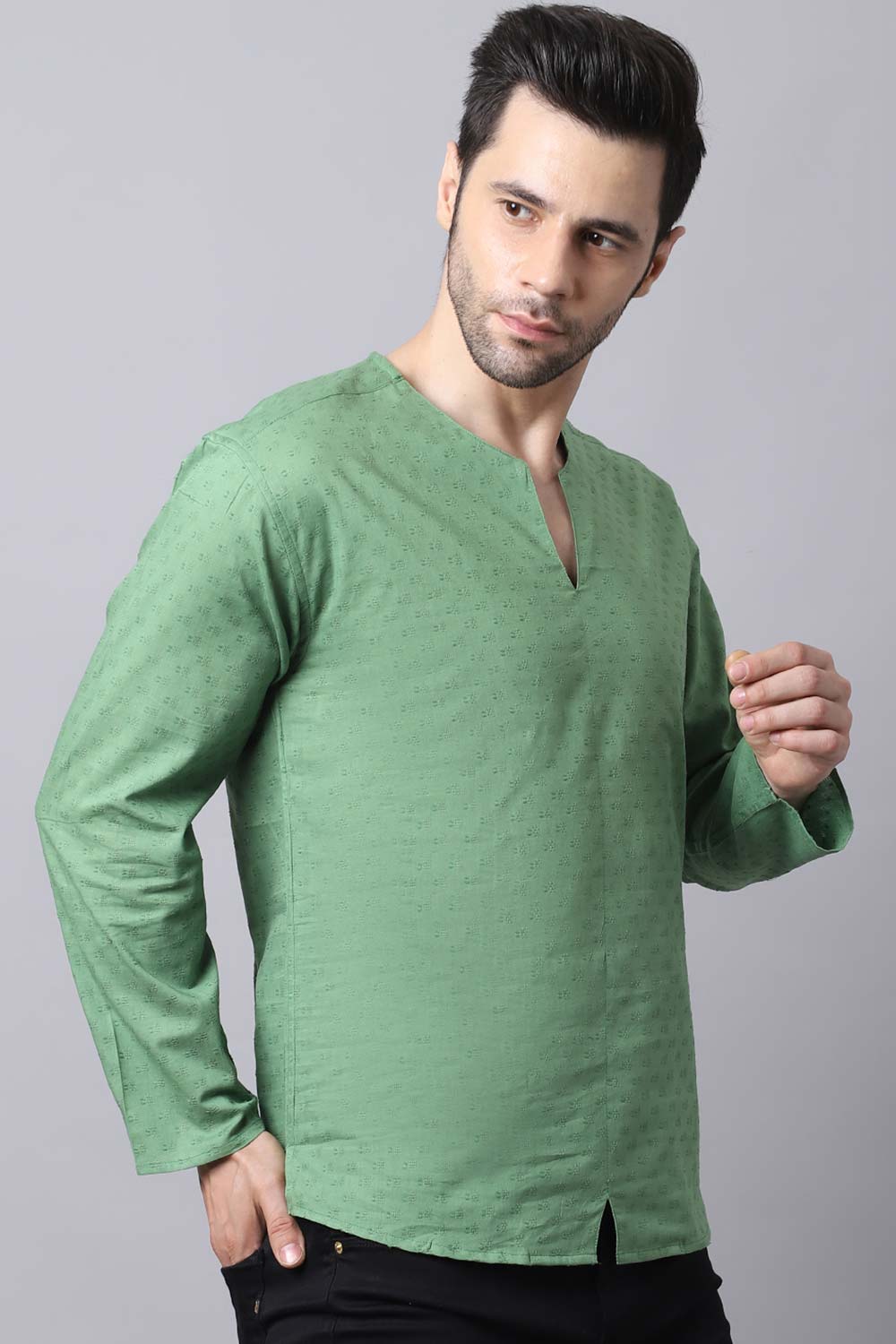 Men's Light Green Self-Design Full Sleeve Short Kurta Top