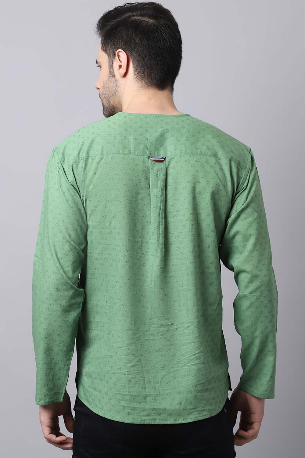 Men's Light Green Self-Design Full Sleeve Short Kurta Top