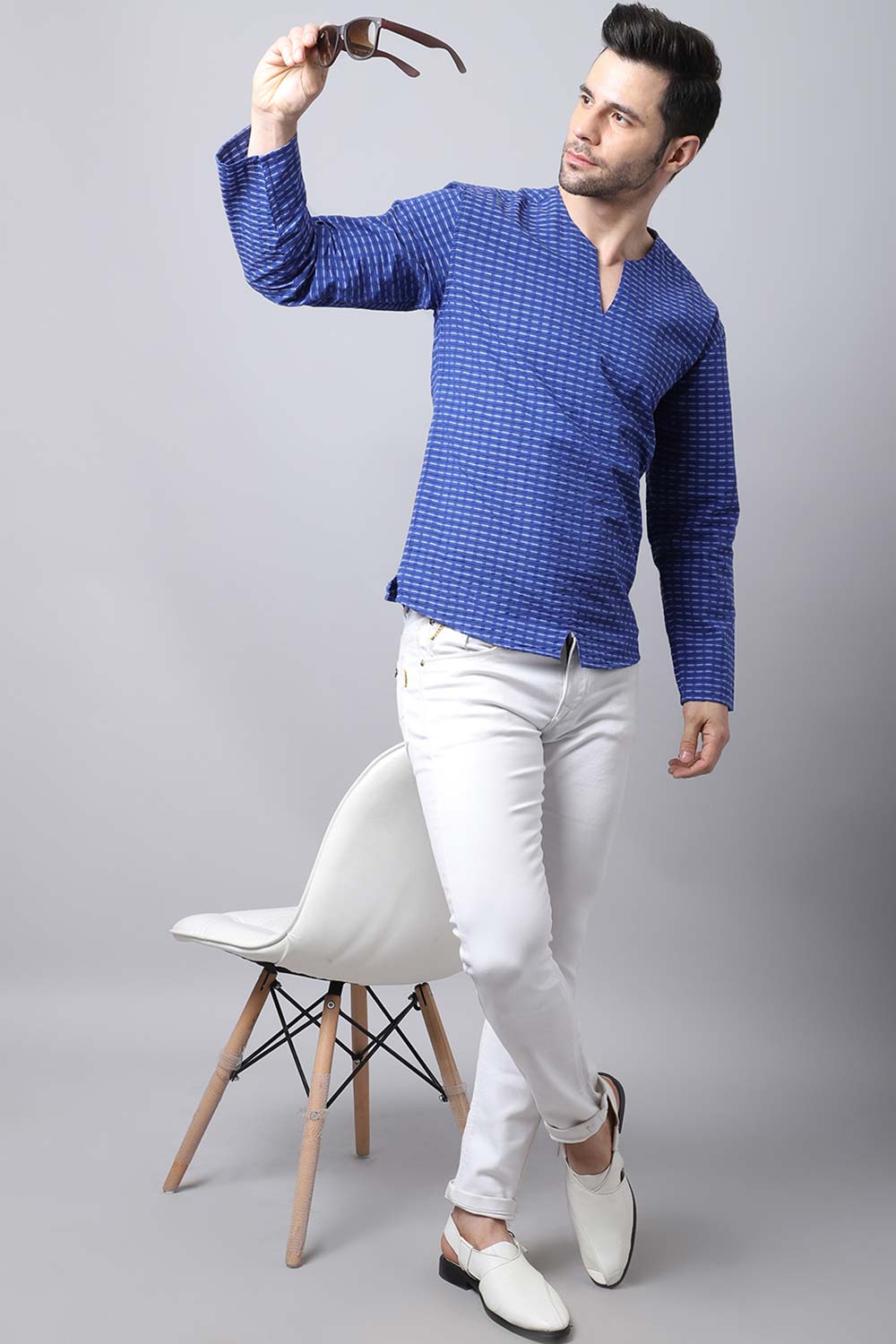 Men's Light Blue Solid Full Sleeve Short Kurta Top (SKV-STR077-BLC)