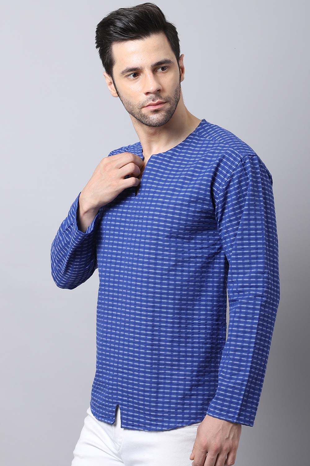 Men's Light Blue Solid Full Sleeve Short Kurta Top (SKV-STR077-BLC)