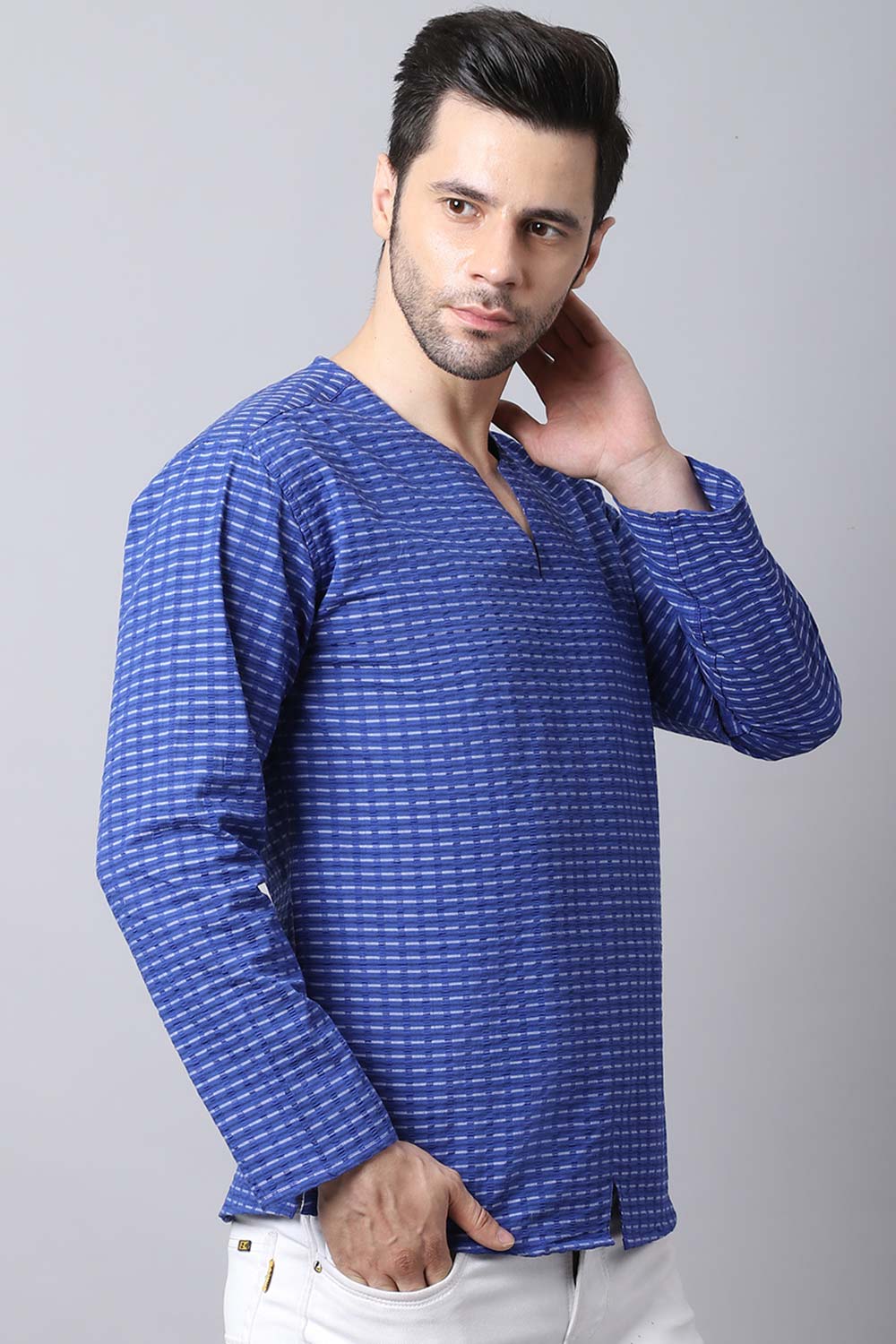 Men's Light Blue Solid Full Sleeve Short Kurta Top (SKV-STR077-BLC)