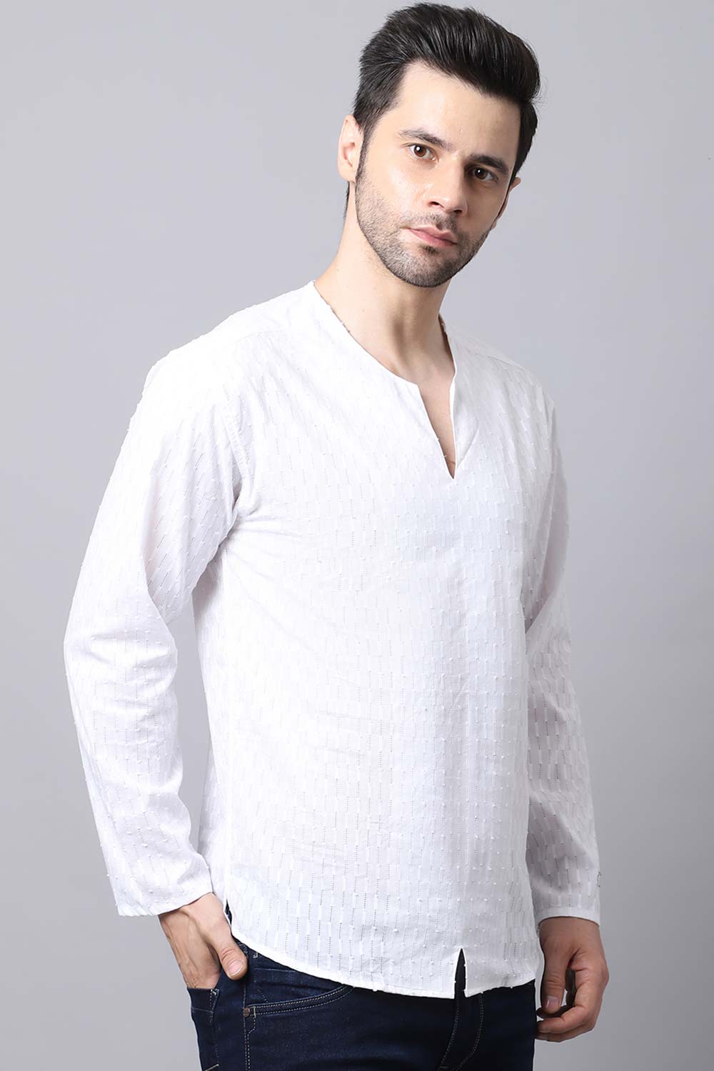 Men's Light White Self-Design Full Sleeve Short Kurta Top
