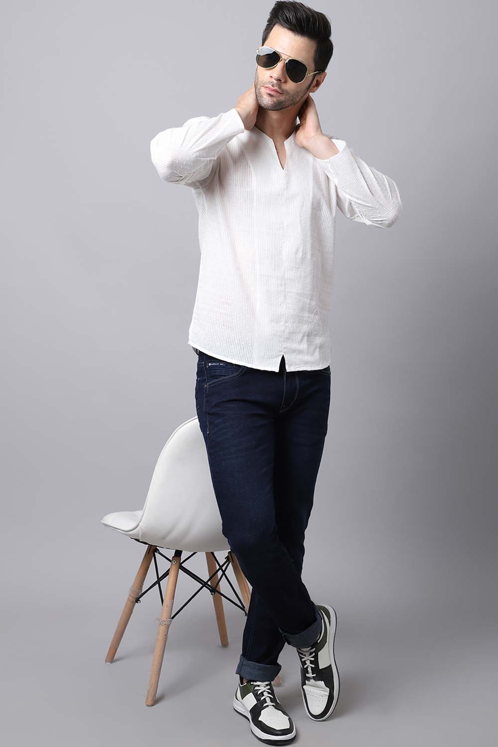 Men's Light White Solid Full Sleeve Short Kurta Top