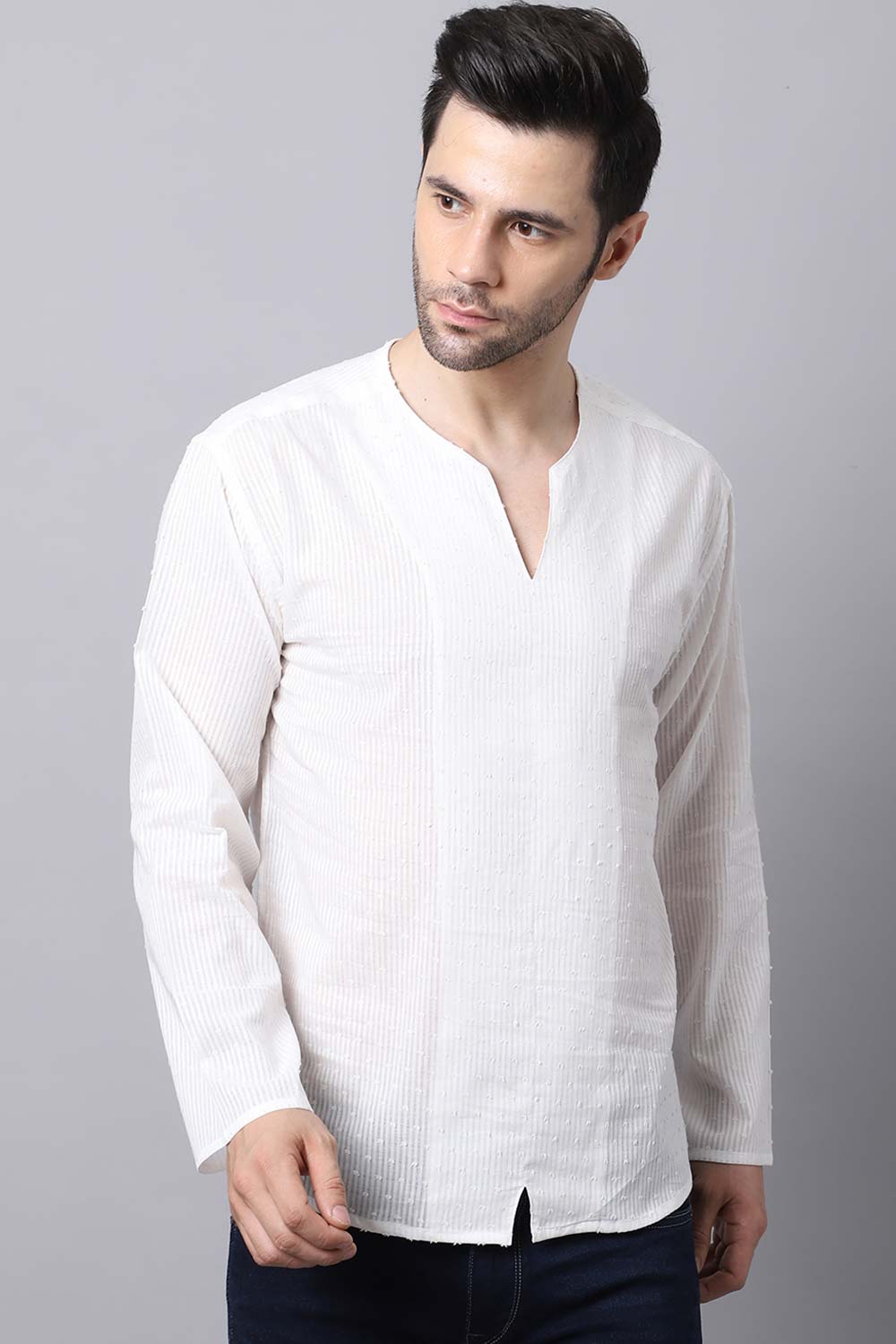 Men's Light White Solid Full Sleeve Short Kurta Top