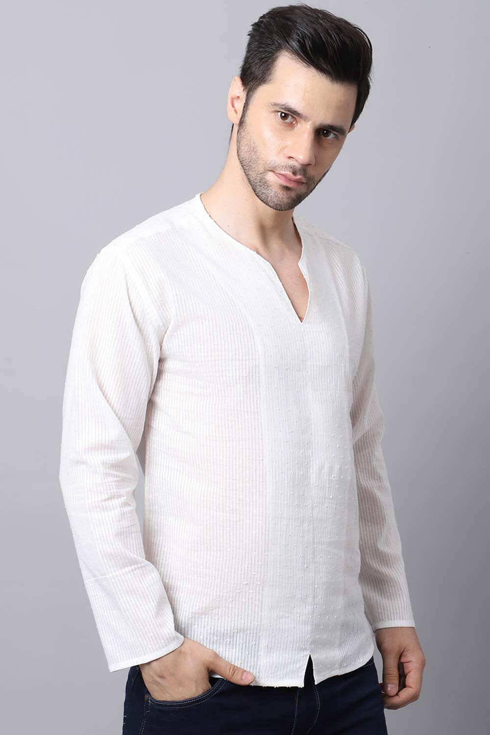 Men's Light White Solid Full Sleeve Short Kurta Top
