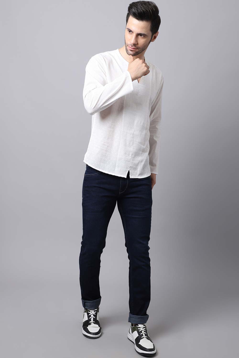 Men's Light White Solid Full Sleeve Short Kurta Top