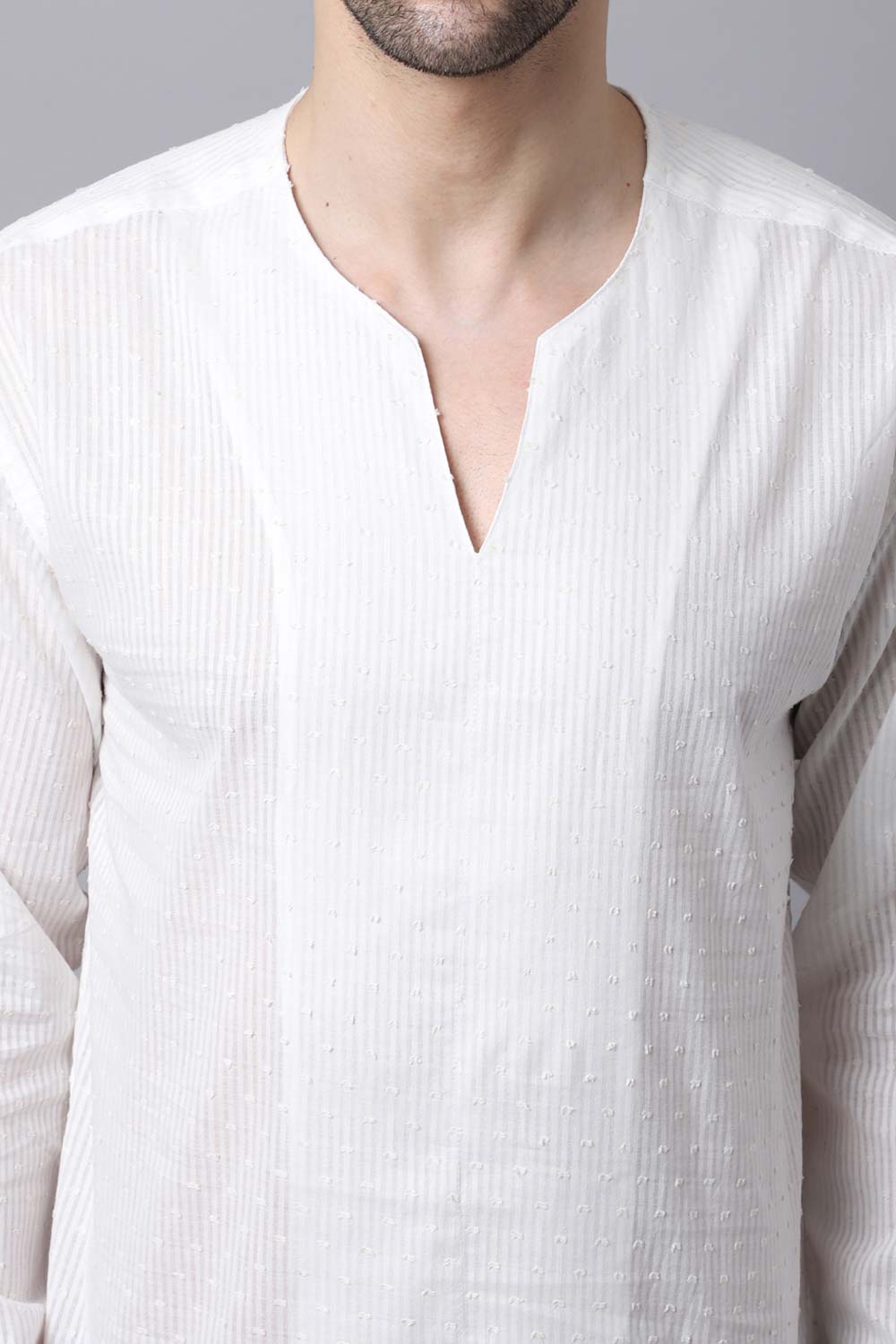 Men's Light White Solid Full Sleeve Short Kurta Top