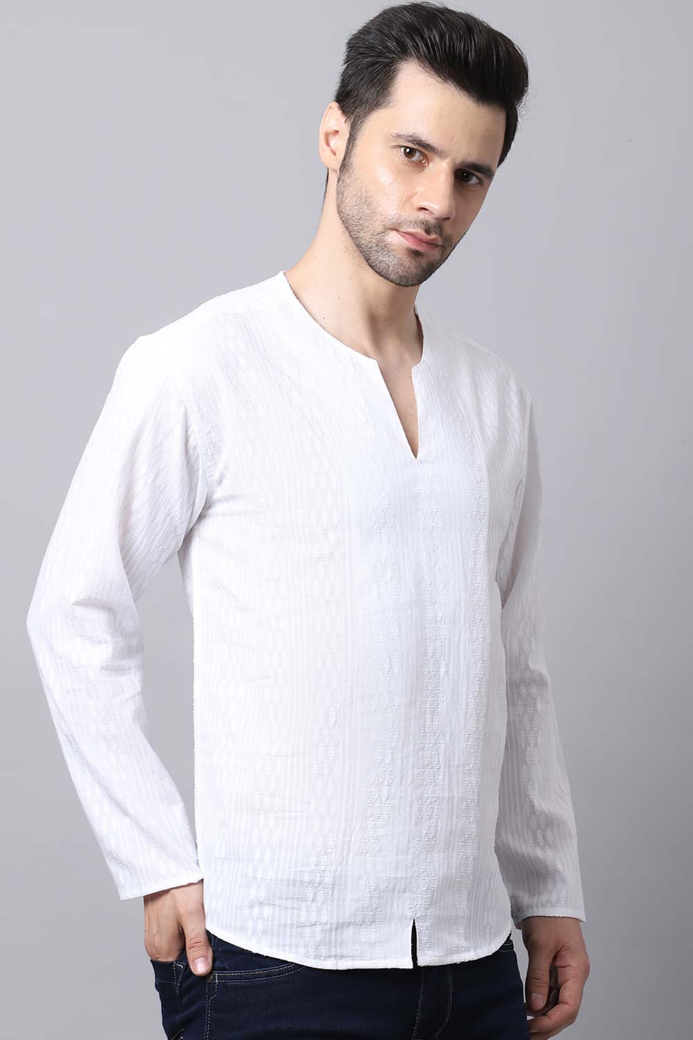 Men's Light White Solid Full Sleeve Short Kurta Top