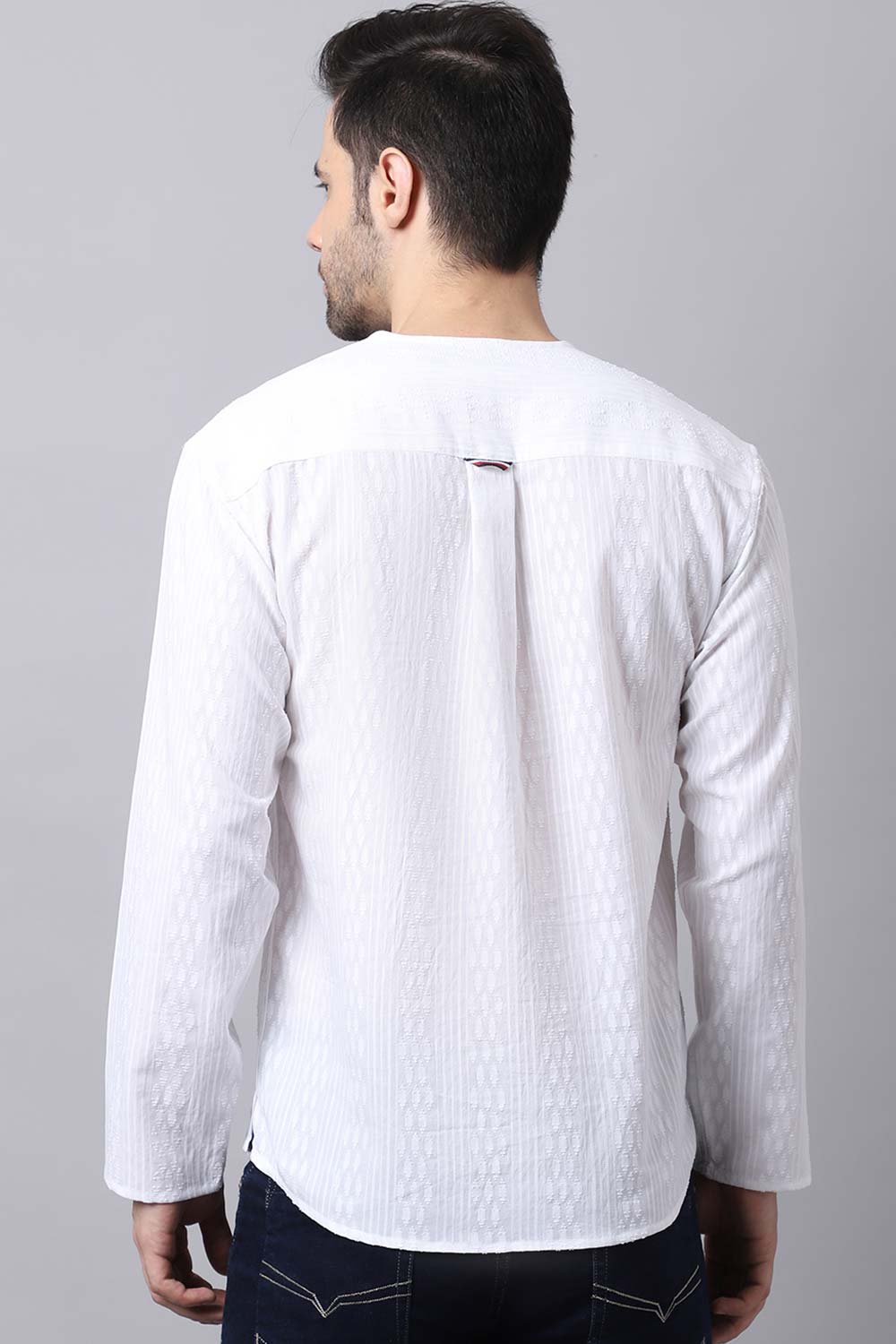 Men's Light White Solid Full Sleeve Short Kurta Top
