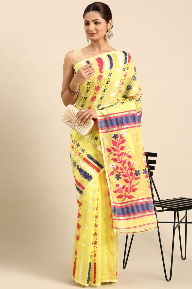 Yellow Jamdani Block Saree
