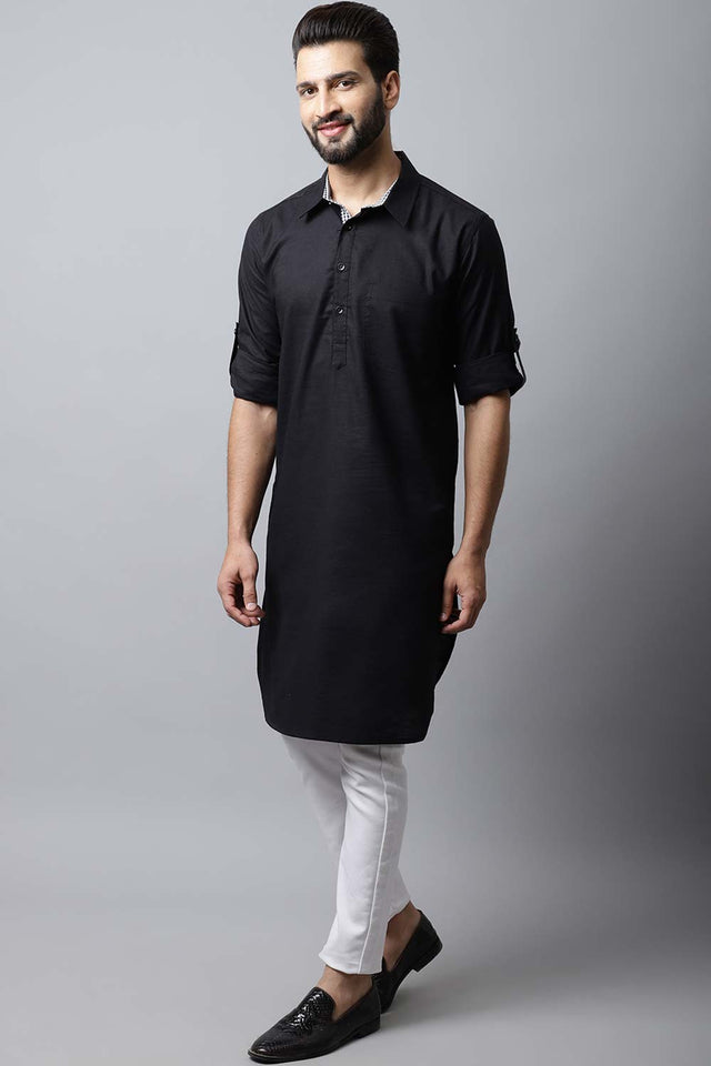 Men's Dark Black Self-Design Full Sleeve Long Kurta Top