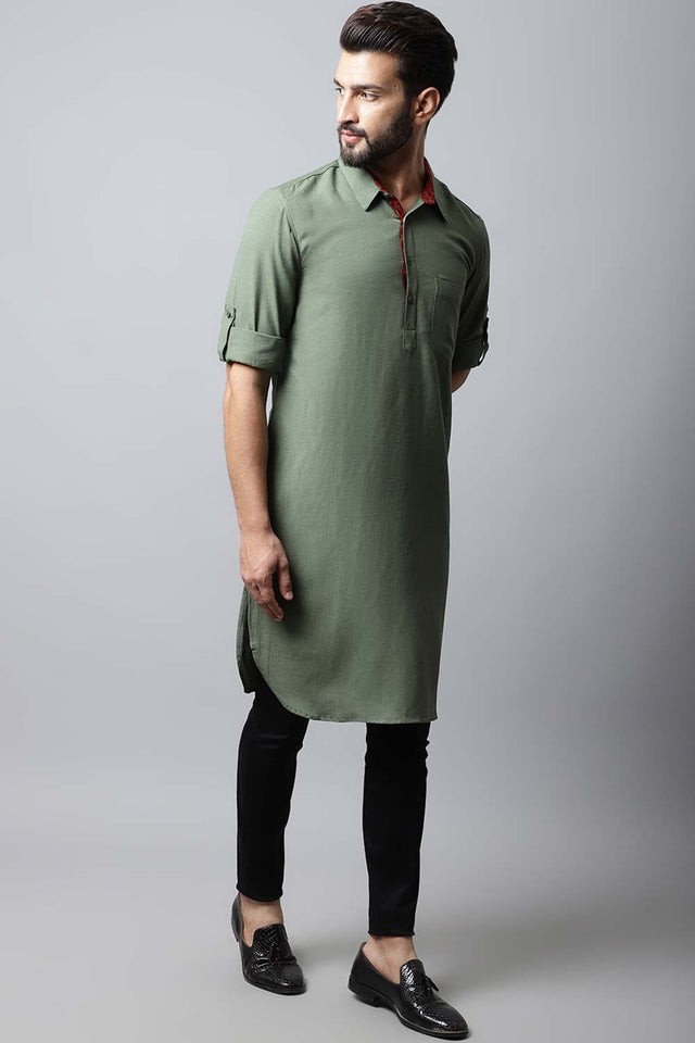 Men's Dark Green Solid Full Sleeve Long Kurta Top
