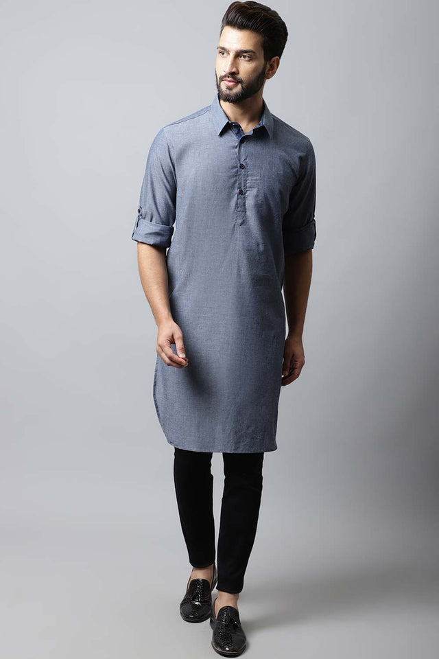 Men's Light Grey Indian Full Sleeve Long Kurta Top (SLK-MMS149-GYC)