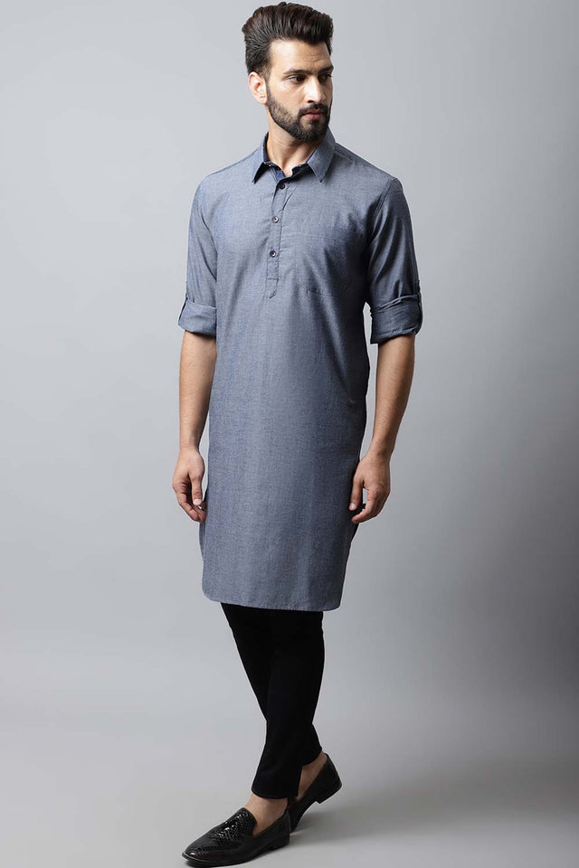 Men's Light Grey Indian Full Sleeve Long Kurta Top (SLK-MMS149-GYC)