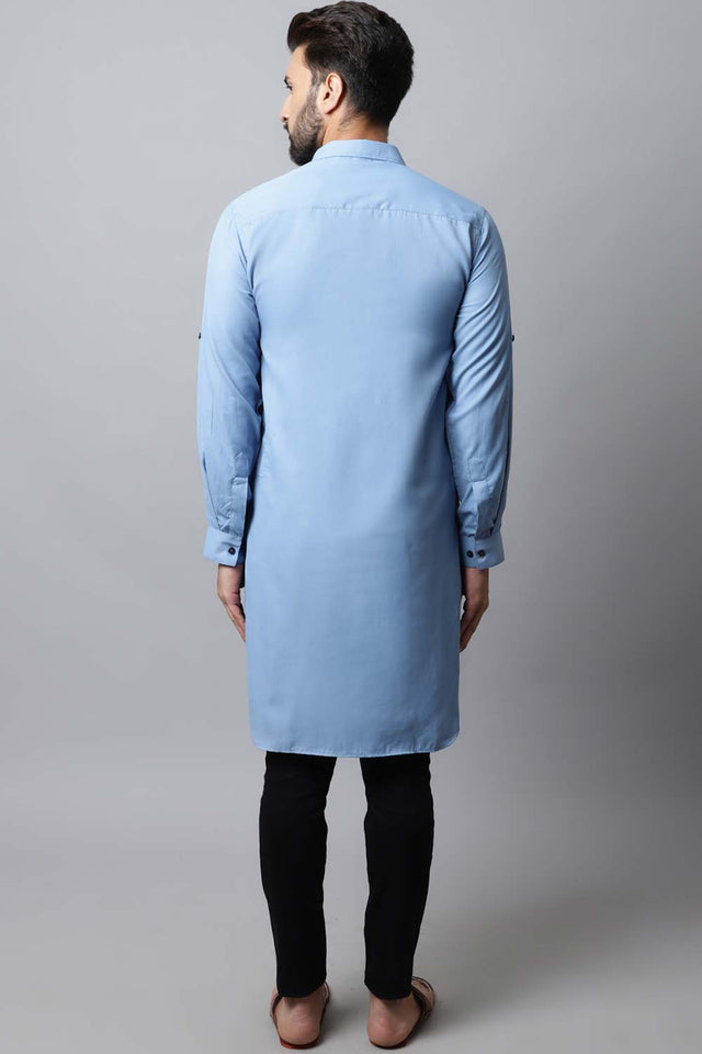 Men's Light Blue Solid Full Sleeve Long Kurta Top