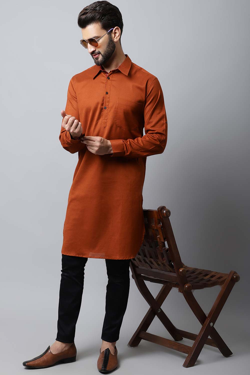 Men's Dark Brown Solid Full Sleeve Long Kurta Top