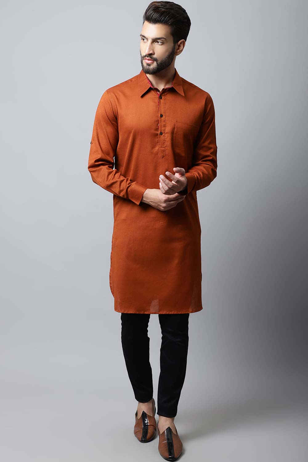 Men's Dark Brown Solid Full Sleeve Long Kurta Top