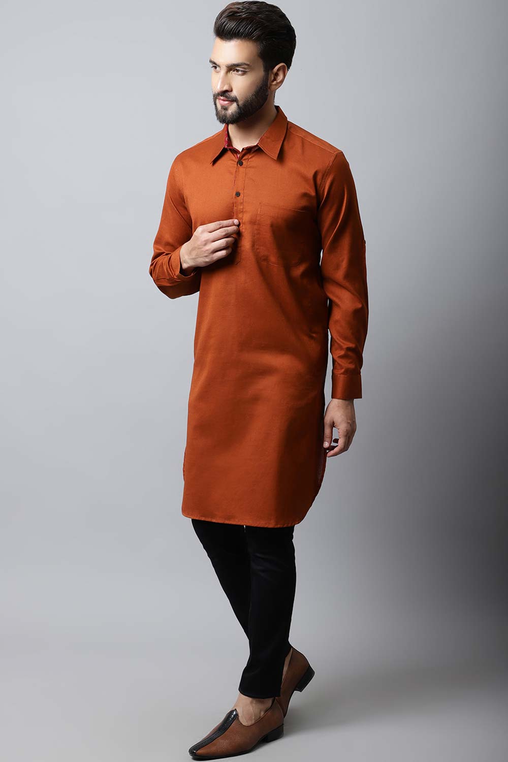 Men's Dark Brown Solid Full Sleeve Long Kurta Top